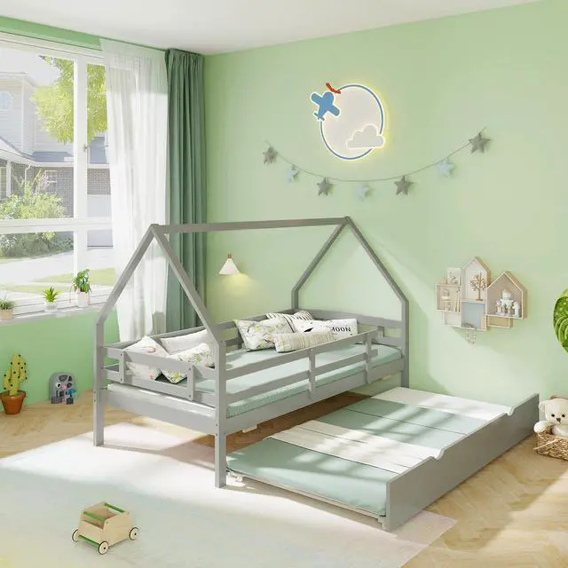 Alt view image 5 of 7 - SlickBlue Twin House Bed with Trundle and Fence Rail