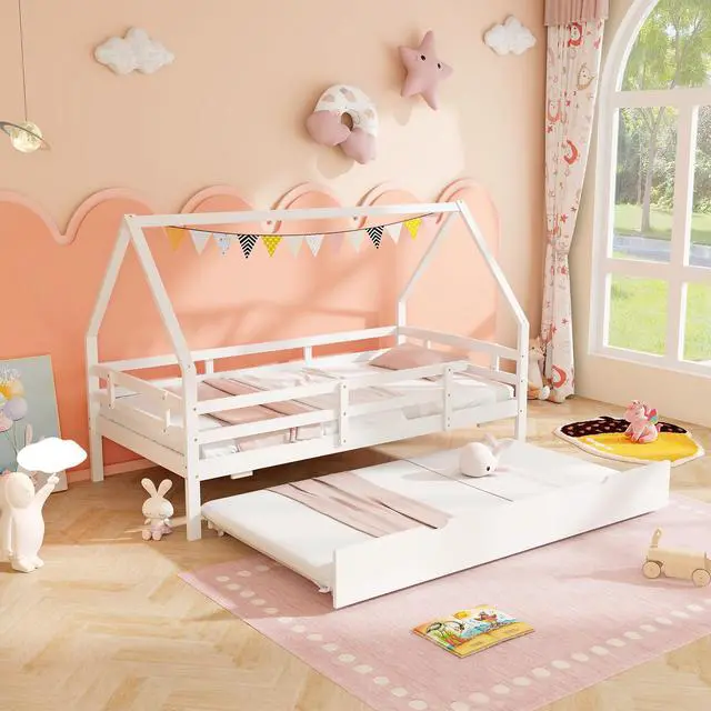 Alt view image 3 of 7 - SlickBlue Twin House Bed with Trundle and Fence Rail