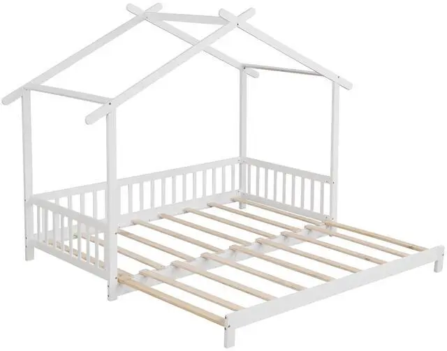 Main image of SlickBlue Extendable House Bed Twin to King Daybed with Roof and Fence Rails