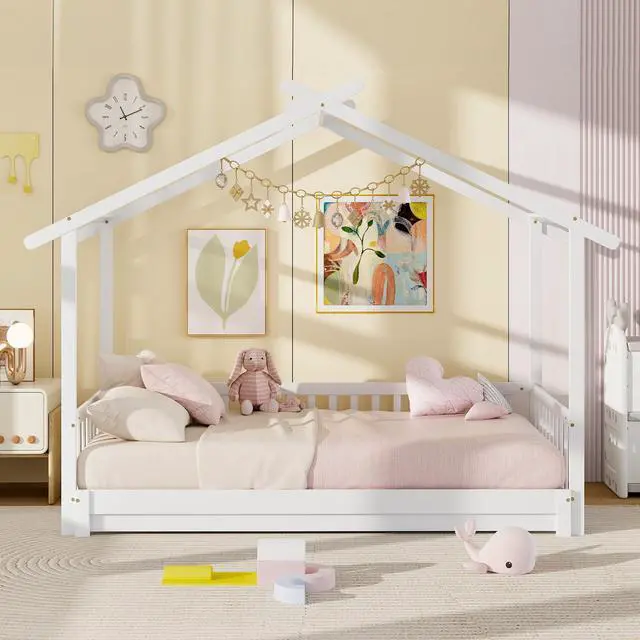 Alt view image 3 of 7 - SlickBlue Extendable House Bed Twin to King Daybed with Roof and Fence Rails