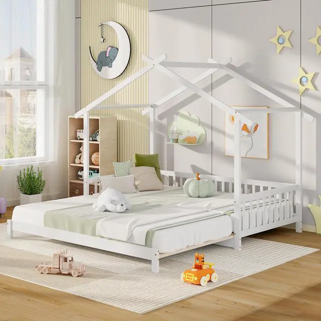 Alt view image 2 of 7 - SlickBlue Extendable House Bed Twin to King Daybed with Roof and Fence Rails