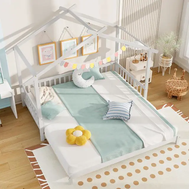 Alt view image 5 of 7 - SlickBlue Extendable House Bed Twin to King Daybed with Roof and Fence Rails