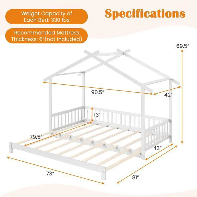 Alt view image 4 of 7 - SlickBlue Extendable House Bed Twin to King Daybed with Roof and Fence Rails