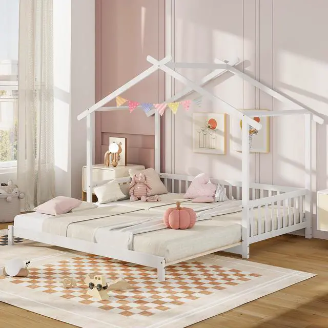 Alt view image 6 of 7 - SlickBlue Extendable House Bed Twin to King Daybed with Roof and Fence Rails