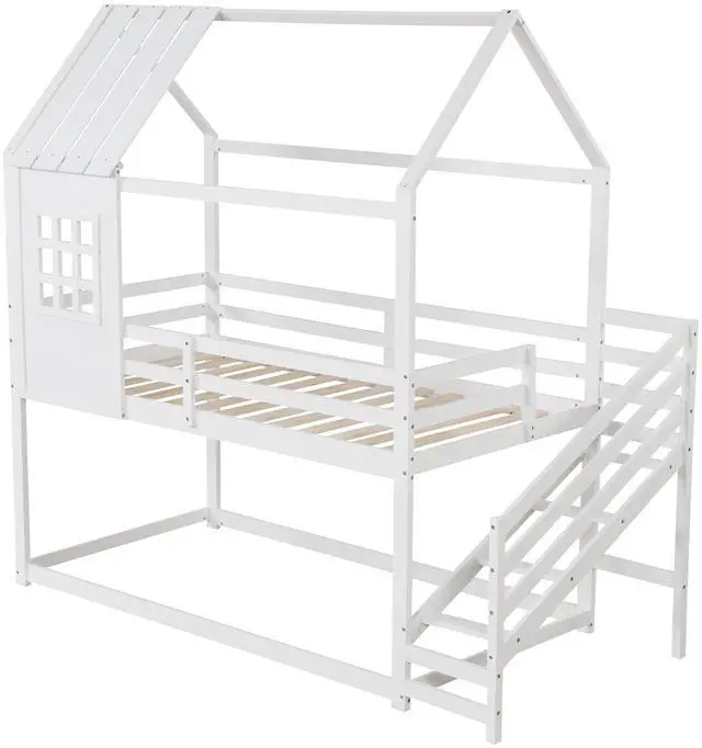 Main image of SlickBlue Twin House Bed with Stairs and Roof for Kids-White