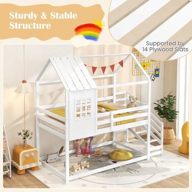 Alt view image 7 of 7 - SlickBlue Twin House Bed with Stairs and Roof for Kids-White