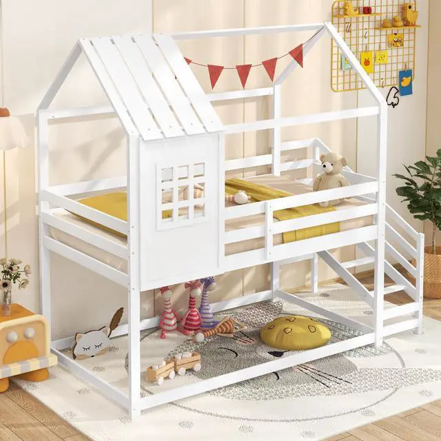 Alt view image 6 of 7 - SlickBlue Twin House Bed with Stairs and Roof for Kids-White