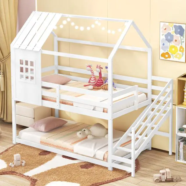 Alt view image 2 of 7 - SlickBlue Twin House Bed with Stairs and Roof for Kids-White