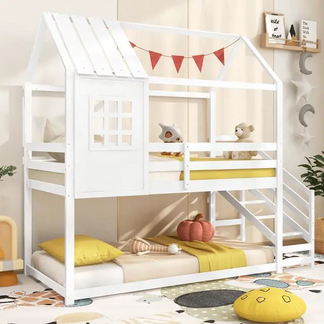 Alt view image 3 of 7 - SlickBlue Twin House Bed with Stairs and Roof for Kids-White