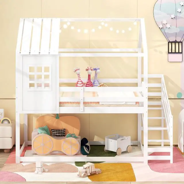 Alt view image 5 of 7 - SlickBlue Twin House Bed with Stairs and Roof for Kids-White