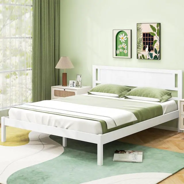 Alt view image 2 of 7 - SlickBlue Wood Bed Frame with Headboard and Wooden Slats Support-Queen