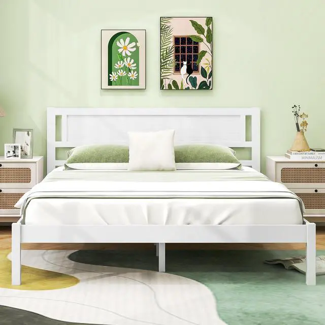 Alt view image 3 of 7 - SlickBlue Wood Bed Frame with Headboard and Wooden Slats Support-Queen