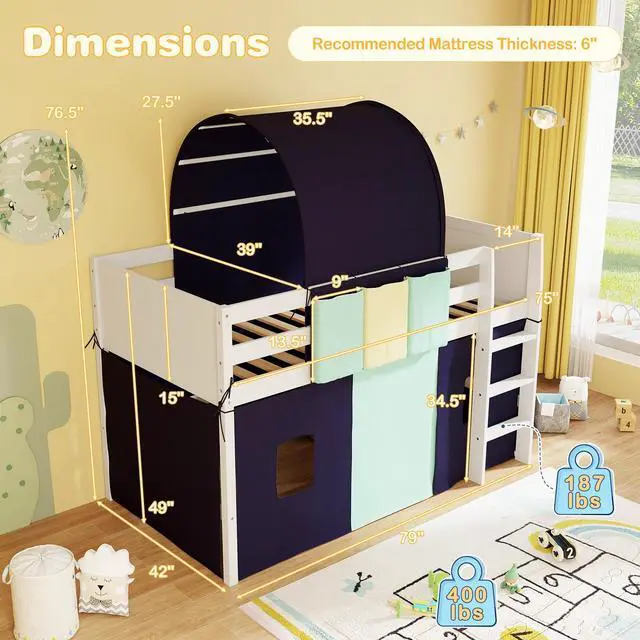 Alt view image 4 of 7 - SlickBlue Twin Size Loft Bed Playhouse Bed Frame with Tower Tent and 3 Storage Pockets