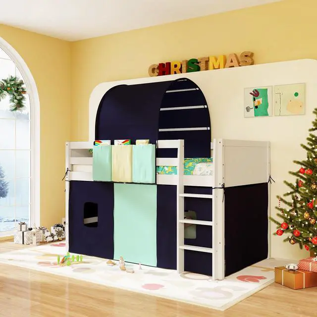Alt view image 2 of 7 - SlickBlue Twin Size Loft Bed Playhouse Bed Frame with Tower Tent and 3 Storage Pockets