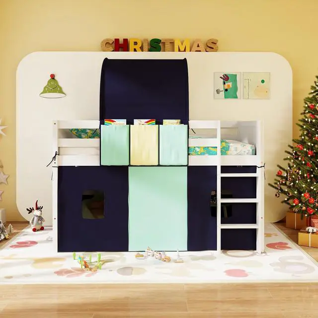 Alt view image 3 of 7 - SlickBlue Twin Size Loft Bed Playhouse Bed Frame with Tower Tent and 3 Storage Pockets