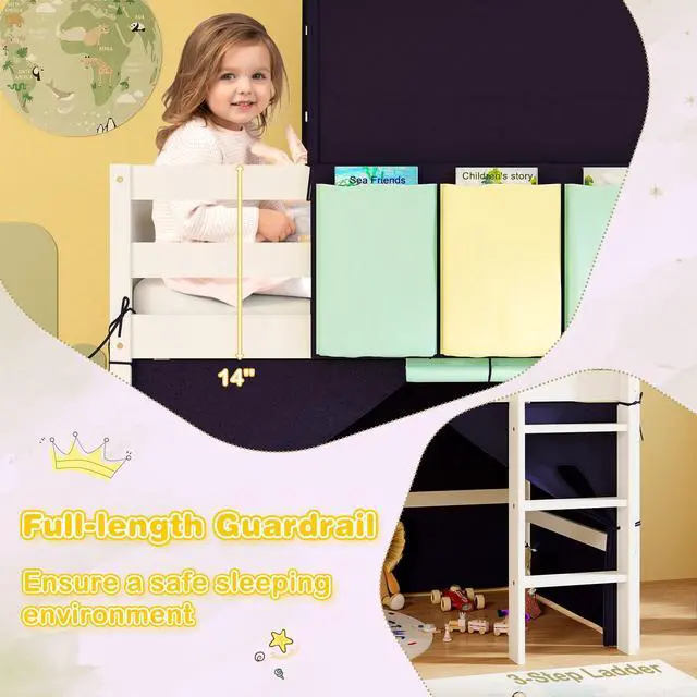Alt view image 6 of 7 - SlickBlue Twin Size Loft Bed Playhouse Bed Frame with Tower Tent and 3 Storage Pockets