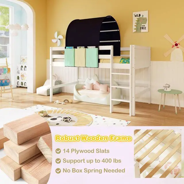 Alt view image 7 of 7 - SlickBlue Twin Size Loft Bed Playhouse Bed Frame with Tower Tent and 3 Storage Pockets