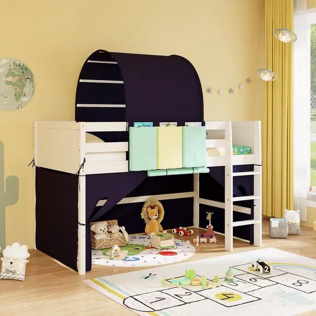 Alt view image 5 of 7 - SlickBlue Twin Size Loft Bed Playhouse Bed Frame with Tower Tent and 3 Storage Pockets