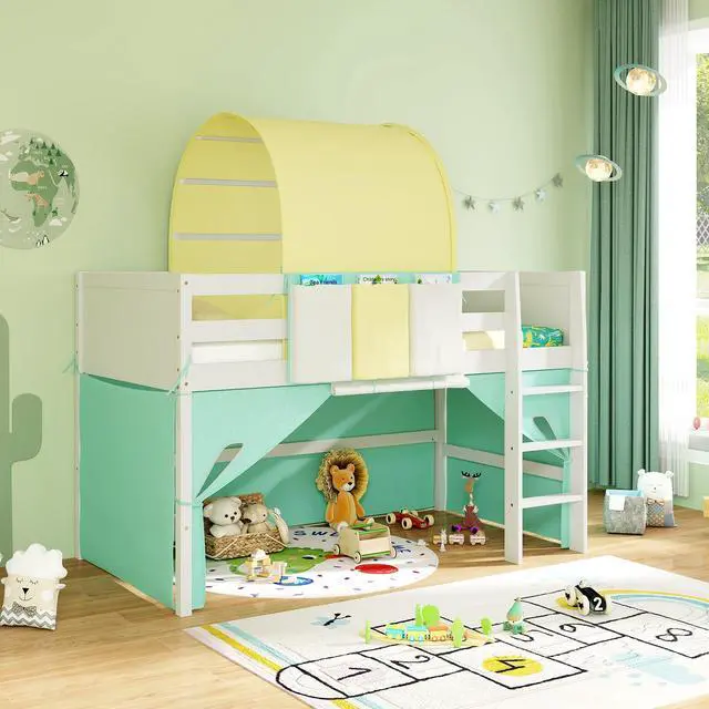 Alt view image 2 of 7 - SlickBlue Twin Size Loft Bed Playhouse Bed Frame with Tower Tent and 3 Storage Pockets