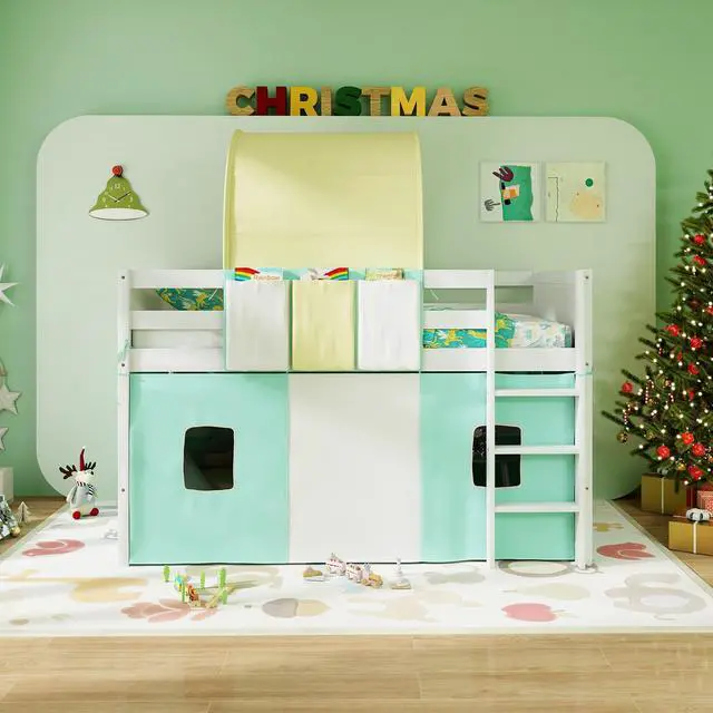 Alt view image 3 of 7 - SlickBlue Twin Size Loft Bed Playhouse Bed Frame with Tower Tent and 3 Storage Pockets