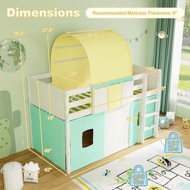 Alt view image 4 of 7 - SlickBlue Twin Size Loft Bed Playhouse Bed Frame with Tower Tent and 3 Storage Pockets