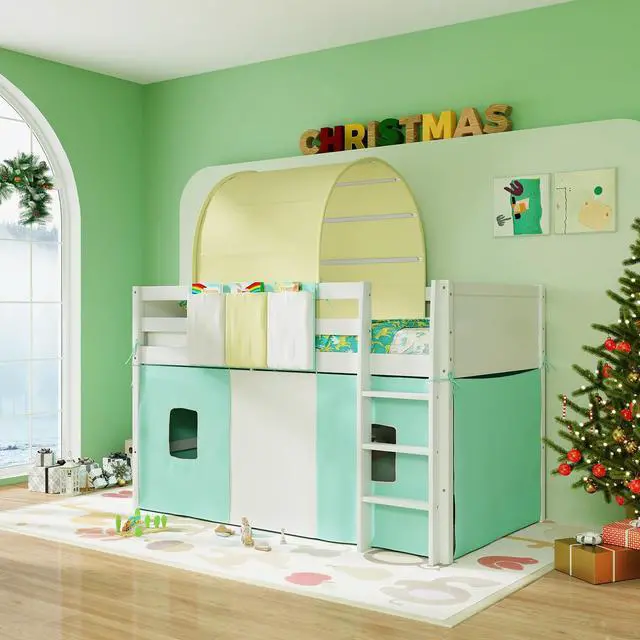 Alt view image 5 of 7 - SlickBlue Twin Size Loft Bed Playhouse Bed Frame with Tower Tent and 3 Storage Pockets