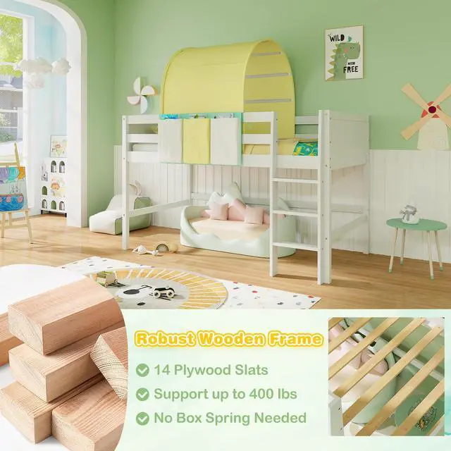 Alt view image 6 of 7 - SlickBlue Twin Size Loft Bed Playhouse Bed Frame with Tower Tent and 3 Storage Pockets