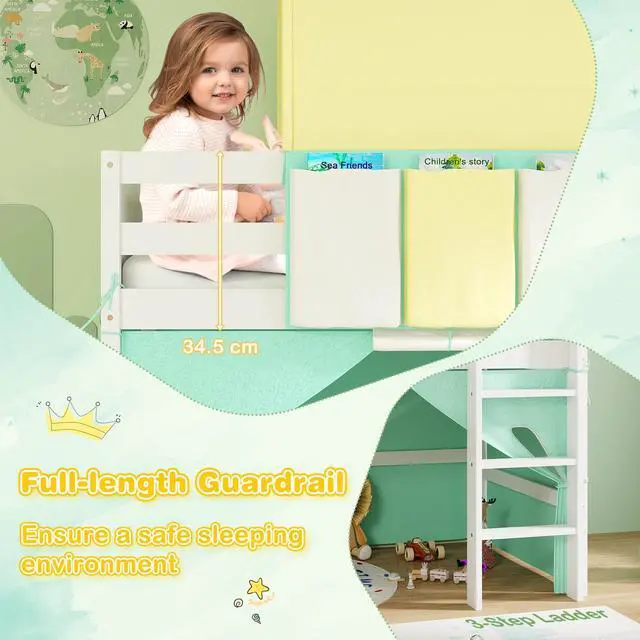 Alt view image 7 of 7 - SlickBlue Twin Size Loft Bed Playhouse Bed Frame with Tower Tent and 3 Storage Pockets