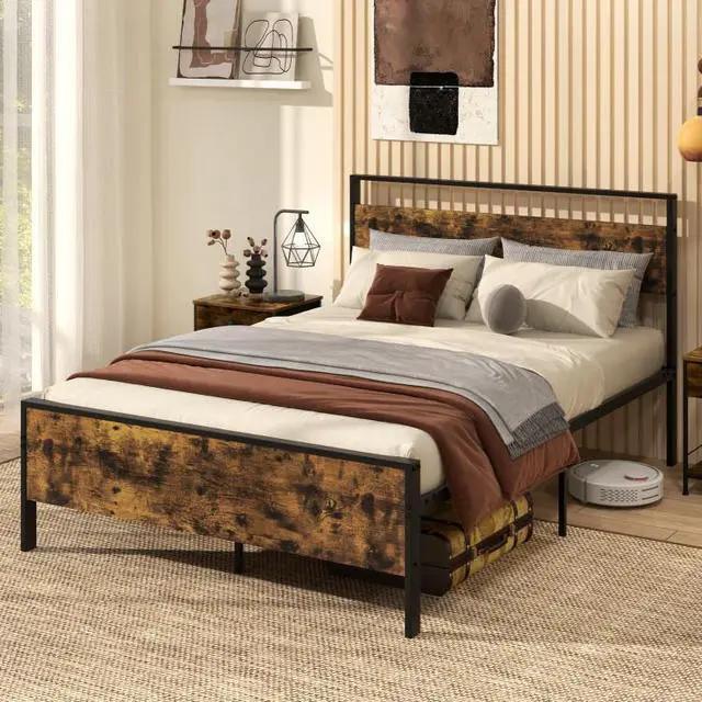 Alt view image 4 of 7 - SlickBlue Full Metal Bed Frame Industrial Platform Bed with Wooden Headboard-Full Size
