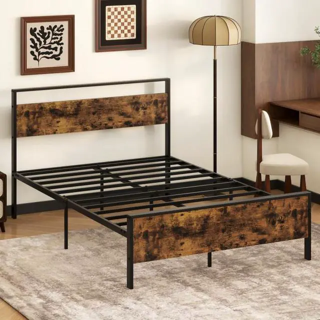 Alt view image 2 of 7 - SlickBlue Full Metal Bed Frame Industrial Platform Bed with Wooden Headboard-Full Size