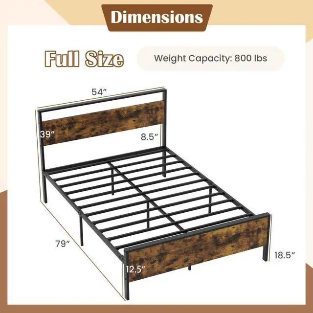 Alt view image 3 of 7 - SlickBlue Full Metal Bed Frame Industrial Platform Bed with Wooden Headboard-Full Size