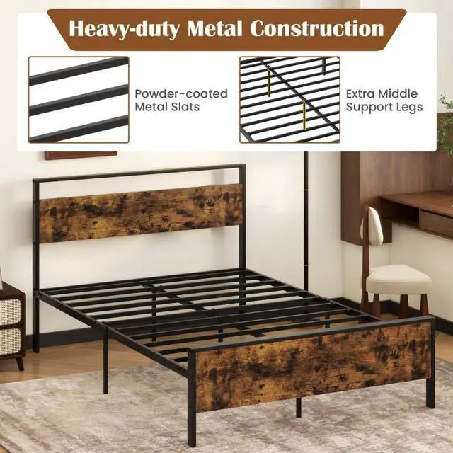 Alt view image 5 of 7 - SlickBlue Full Metal Bed Frame Industrial Platform Bed with Wooden Headboard-Full Size