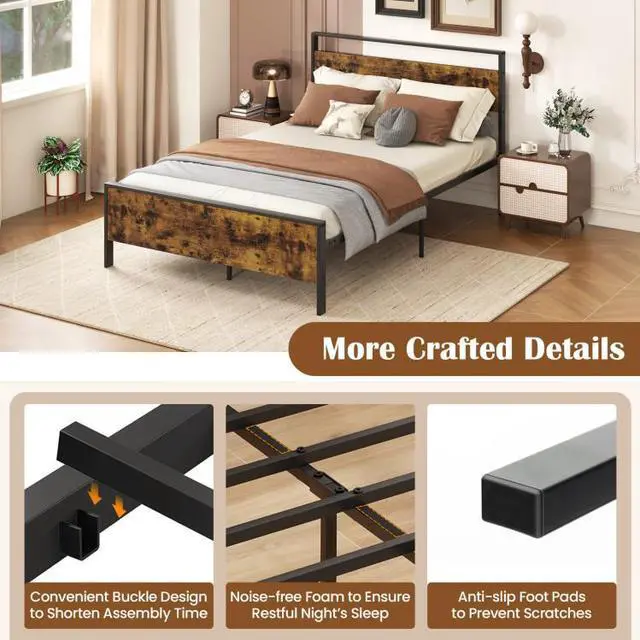 Alt view image 6 of 7 - SlickBlue Full Metal Bed Frame Industrial Platform Bed with Wooden Headboard-Full Size