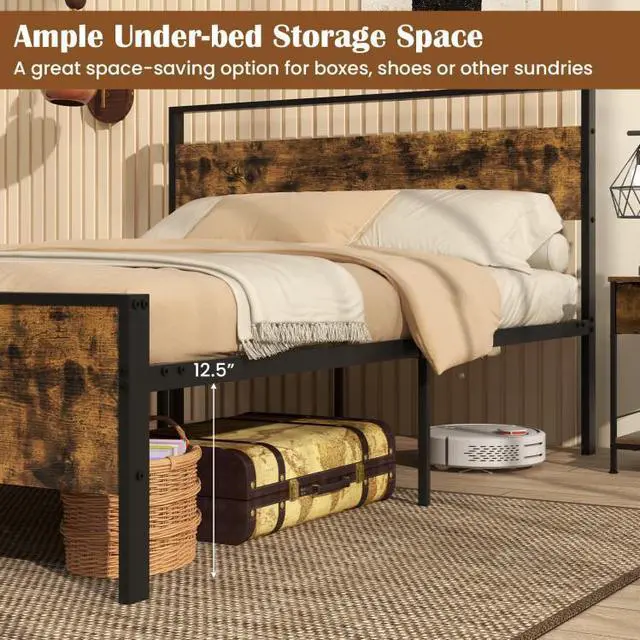 Alt view image 7 of 7 - SlickBlue Full Metal Bed Frame Industrial Platform Bed with Wooden Headboard-Full Size