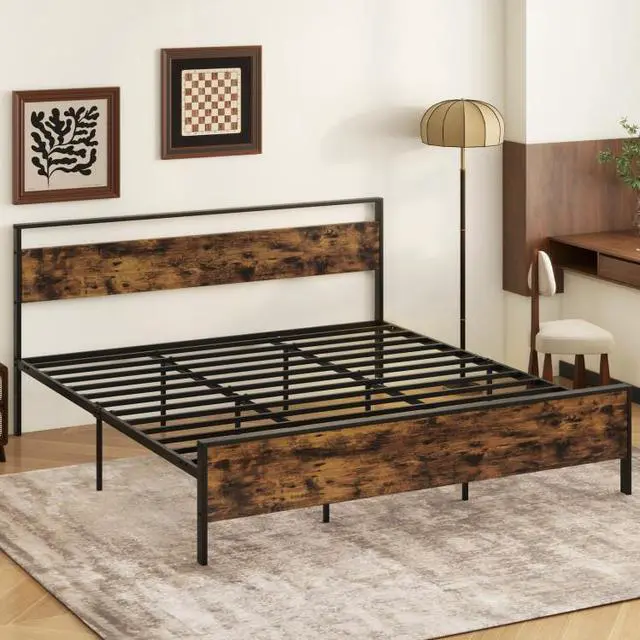 Alt view image 2 of 7 - SlickBlue King Metal Bed Frame Industrial Platform Bed with Wooden Headboard-King Size
