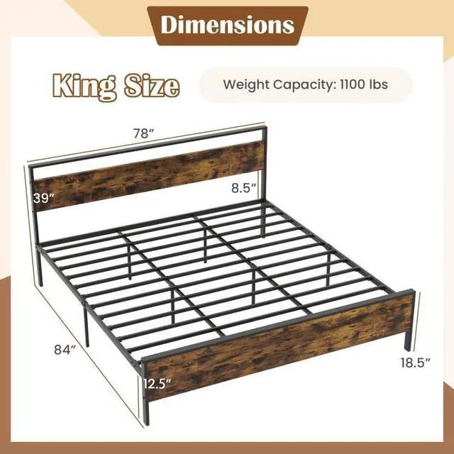 Alt view image 4 of 7 - SlickBlue King Metal Bed Frame Industrial Platform Bed with Wooden Headboard-King Size