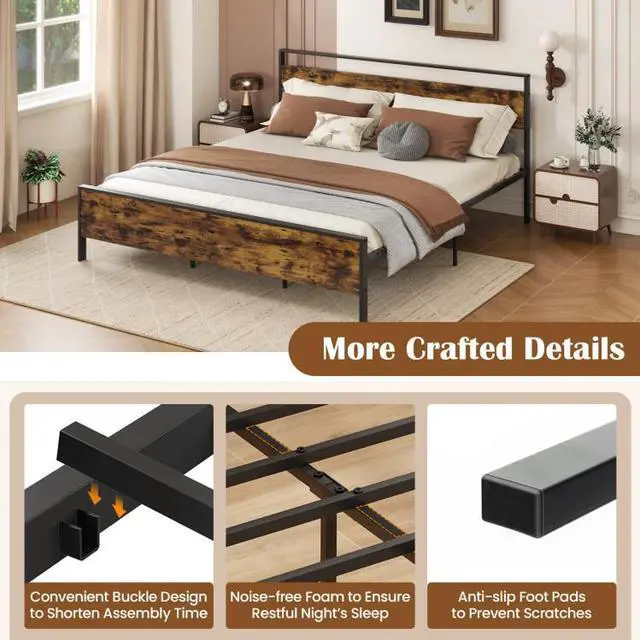 Alt view image 5 of 7 - SlickBlue King Metal Bed Frame Industrial Platform Bed with Wooden Headboard-King Size