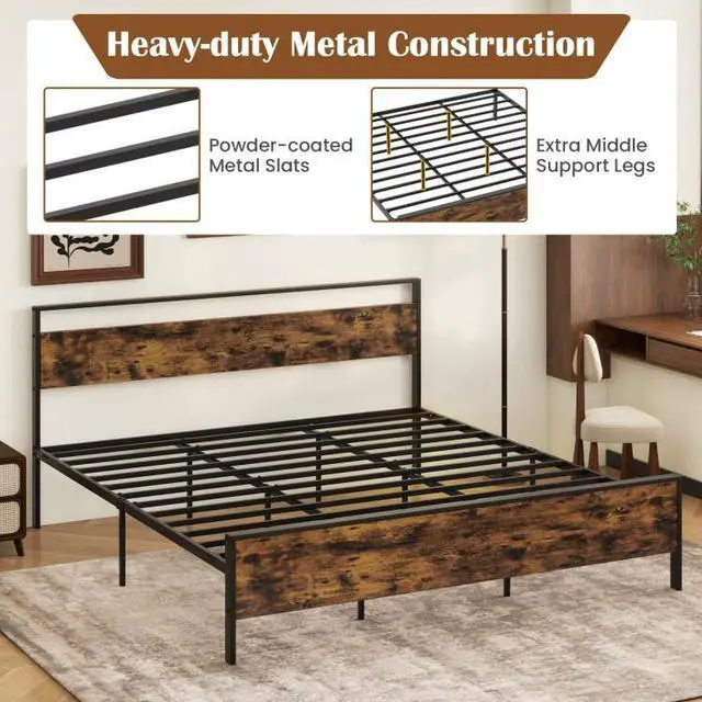 Alt view image 6 of 7 - SlickBlue King Metal Bed Frame Industrial Platform Bed with Wooden Headboard-King Size