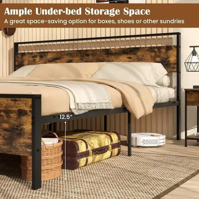 Alt view image 7 of 7 - SlickBlue King Metal Bed Frame Industrial Platform Bed with Wooden Headboard-King Size