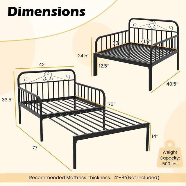 Alt view image 5 of 7 - SlickBlue Extendable Metal Daybed to Twin Size Bed with Guardrails and Armrests