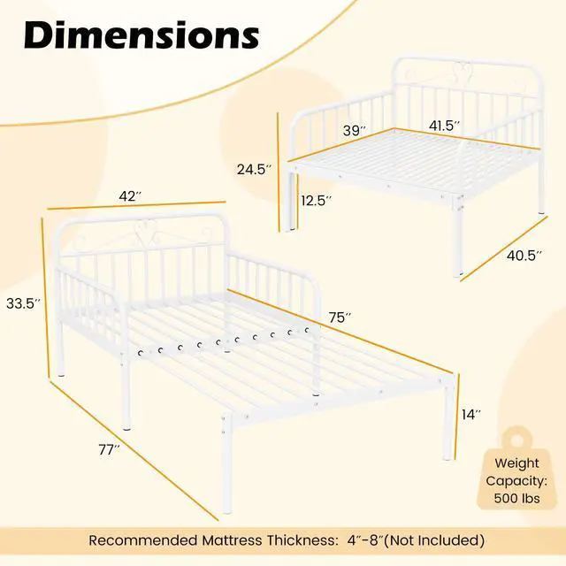 Alt view image 5 of 7 - SlickBlue Extendable Metal Daybed to Twin Size Bed with Guardrails and Armrests