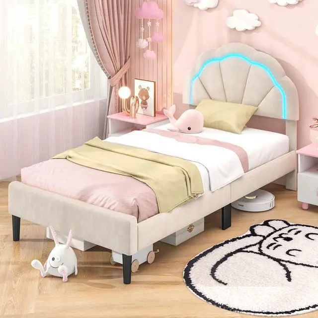 Alt view image 2 of 7 - SlickBlue Upholstered LED Bed Frame with Adjustable Flower Headboard and Metal Support Feet-Twin Size