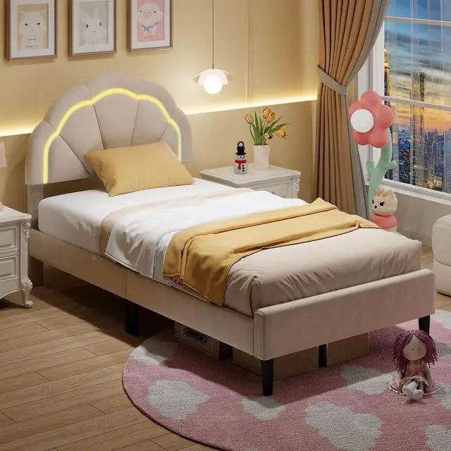 Alt view image 3 of 7 - SlickBlue Upholstered LED Bed Frame with Adjustable Flower Headboard and Metal Support Feet-Twin Size