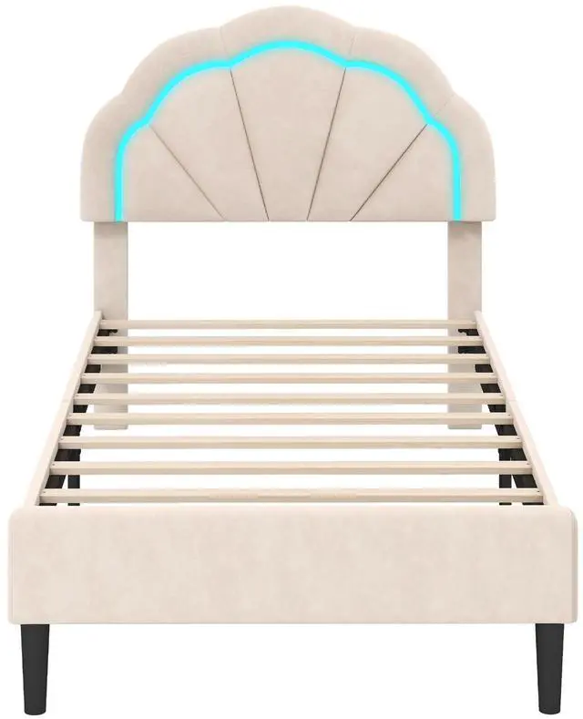 Main image of SlickBlue Upholstered LED Bed Frame with Adjustable Flower Headboard and Metal Support Feet-Twin Size
