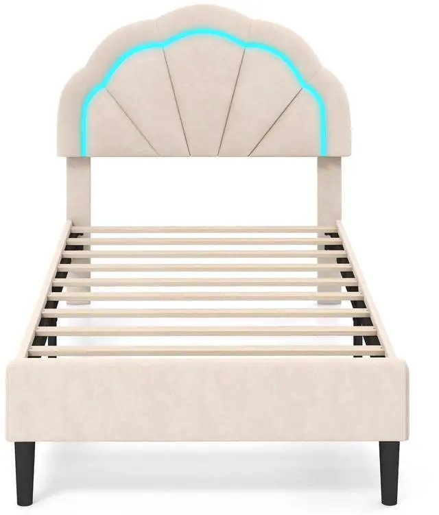 Alt view image 4 of 7 - SlickBlue Upholstered LED Bed Frame with Adjustable Flower Headboard and Metal Support Feet-Twin Size