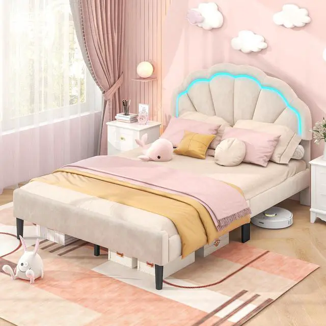 Alt view image 2 of 7 - SlickBlue Upholstered LED Bed Frame with Adjustable Flower Headboard and Metal Support Feet-Full Size