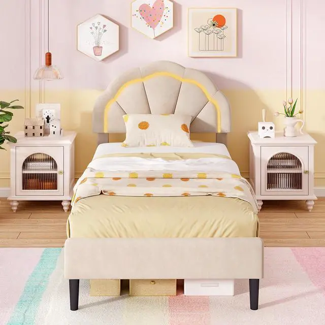 Alt view image 6 of 7 - SlickBlue Upholstered LED Bed Frame with Adjustable Flower Headboard and Metal Support Feet-Twin Size