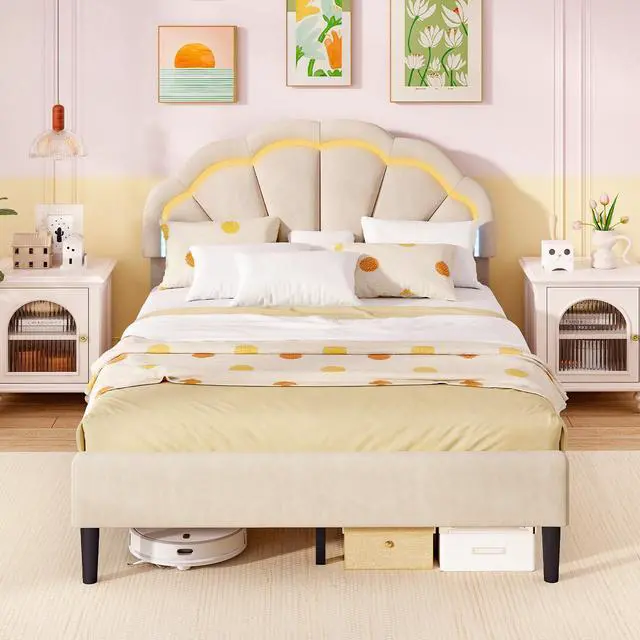 Alt view image 6 of 7 - SlickBlue Upholstered LED Bed Frame with Adjustable Flower Headboard and Metal Support Feet-Full Size