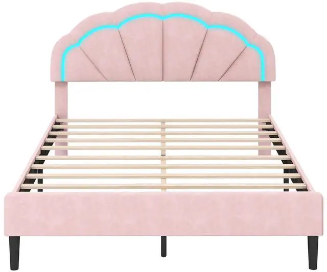 Main image of SlickBlue Upholstered LED Bed Frame with Adjustable Flower Headboard and Metal Support Feet Pink-Queen Size