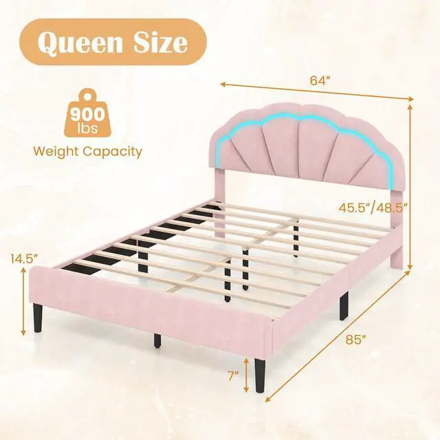 Alt view image 4 of 7 - SlickBlue Upholstered LED Bed Frame with Adjustable Flower Headboard and Metal Support Feet Pink-Queen Size